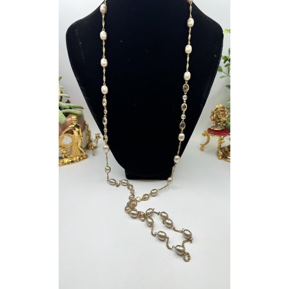 Vintage Yellow Gold Filled Bezel Set Clear Crystals Faux Pearl Necklace Monet - Picture 1 of 9